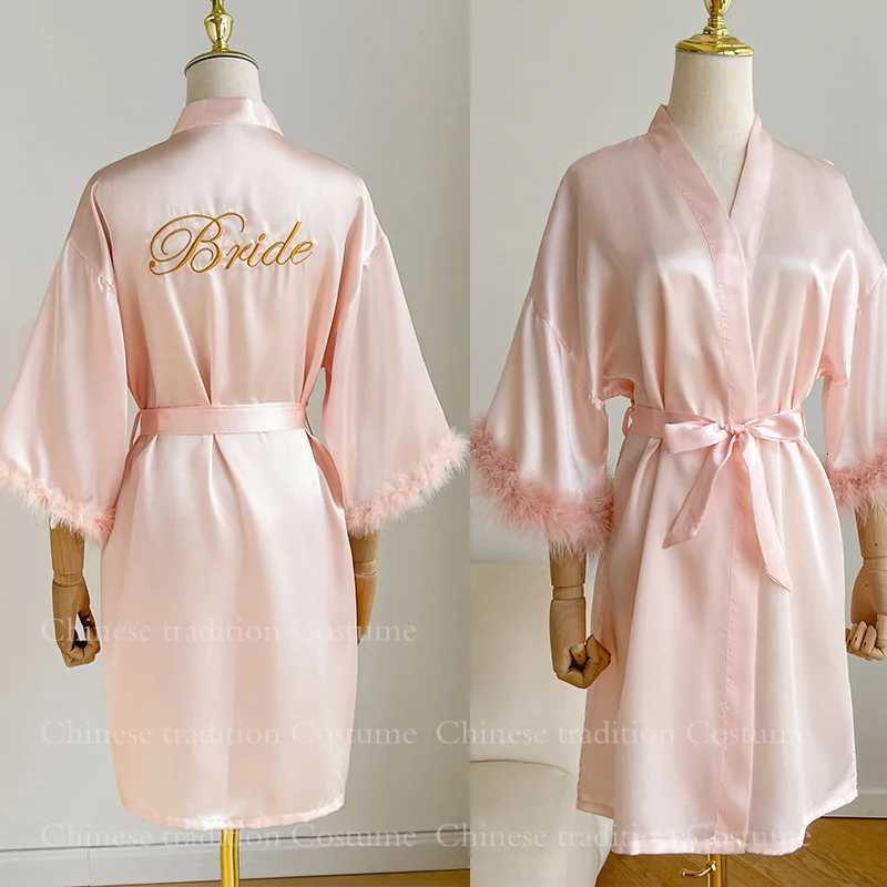 White Bride Wedding Robe with Feathers Women Satin Peignoir Sexy Bridesmids Kimono Gowns Short Bathrobe Bridal Intimate Lingerie Z250924