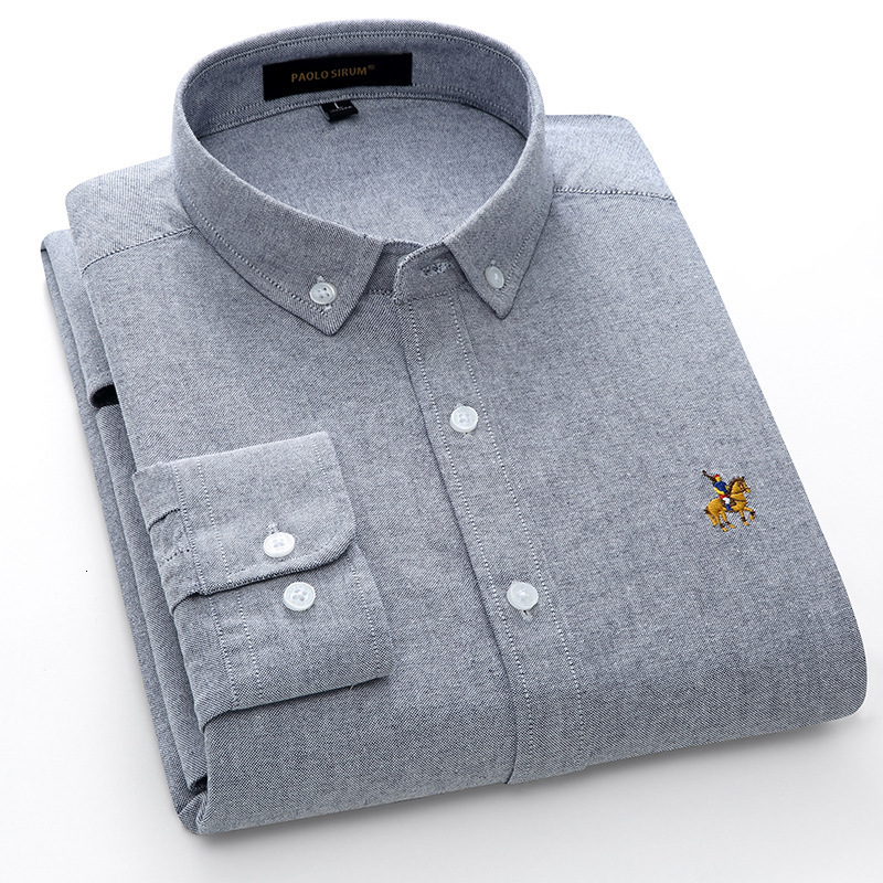 European Cotton Oxford Mens Long Sleeve Solid Color Shirt Large Cotton Embroidery Shirt 210316