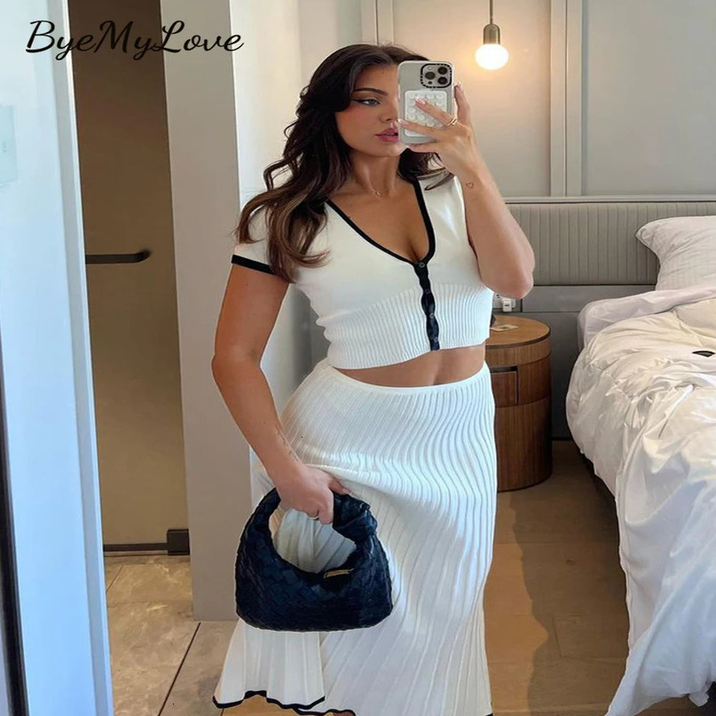 ByeMyLove Knit 2 Pieces Sets Women Crop Top And Long Skirts Outfits Matching Casual Knitwear Slim Fit Female 240423