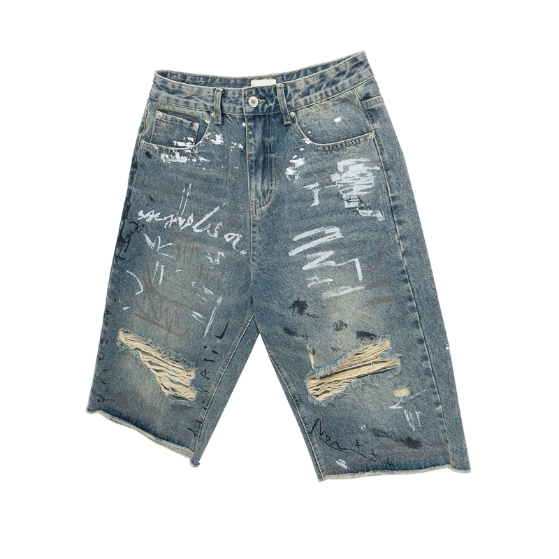 New Summer Hand Drawn Graffiti Ripped Seven Quarter Jeans Mens Straight Wide Leg Frayed Hole Blue Denim Shorts Oversized