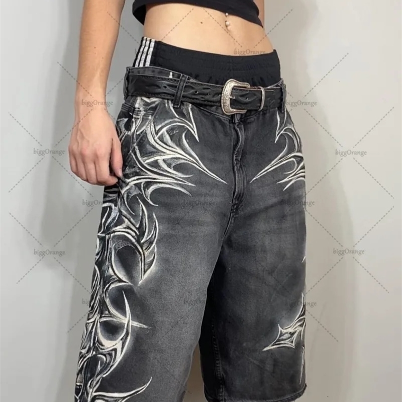 Street hip-hop classic personalized printing straight loose fashion jeans mens retro Harajuku Y2K casual full matching shorts women 250423