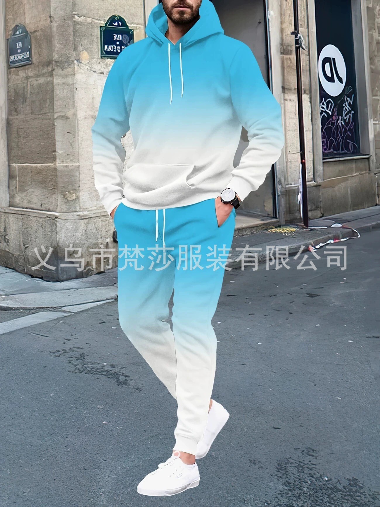 Hot-selling Men's Versatile Gradient Color 3D Digital Print Hoodie Set Breathable and Comfortable