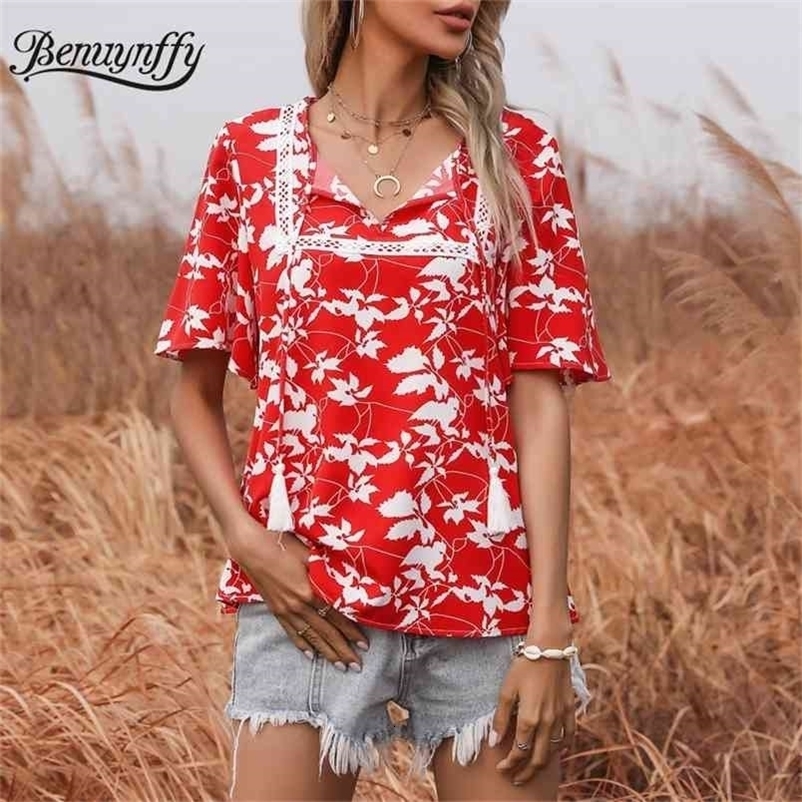 Tassel Tie Neck Chiffon Loose Blouses Women Summer Boho Print Short Sleeve Ladies Tops Holiday Casual Lace up Blouse 210510