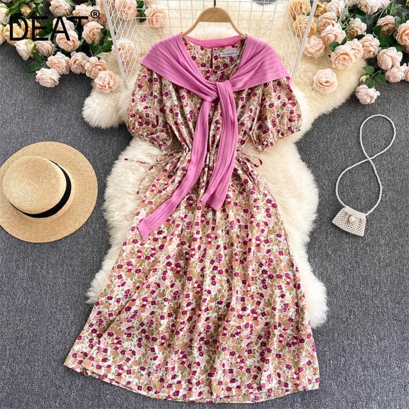 DEAT Women Printing Ruffles Dress Round Neck Short Puff Sleeve Arrivals Lady Temperment Fashion Spring Summer 11D595 210709