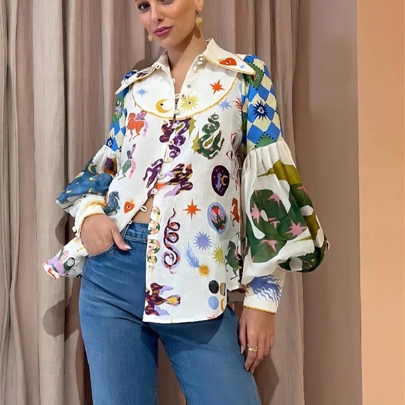 Women Printed Lantern Sleeve Shirts Turn-down Collar Tops Ladies Vintage Chic Holiday Casual Streetwear 240423