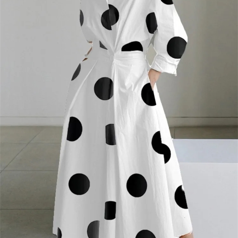 Urban Sexy Dresses Autumn Dress Long Sleeve Dot Print Elegant Maxi Dresses For Women White Casual V Neck Shirt Party Long Dress Robe Femme 231214