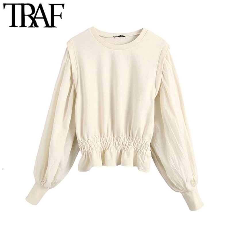 TRAF Women Vintage Stylish Solid Short Style Sweatshirt Fashion O Neck Long Puff Sleeve Elastic Waist Cozy Pullovers Chic Tops T200904