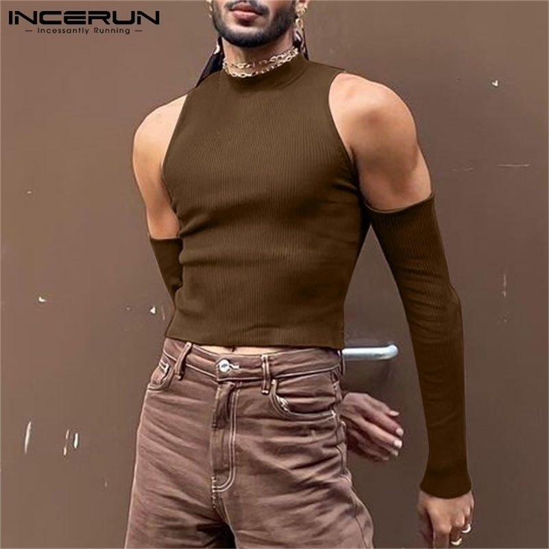 Men's T-Shirts INCERUN Men T Shirt Solid Color Turtleneck Long Sleeve Off Shoulder Casual Camisetas Hollow Out Streetwear Sexy Crop Tops 220906