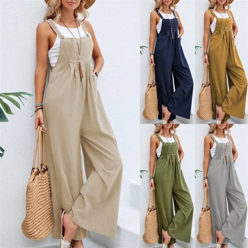 Vintage Cotton Linen Jumpsuit Women Casual Solid Button Wide Leg Suspender Pants with Pockets Summer Loose Overalls Rompers 240129