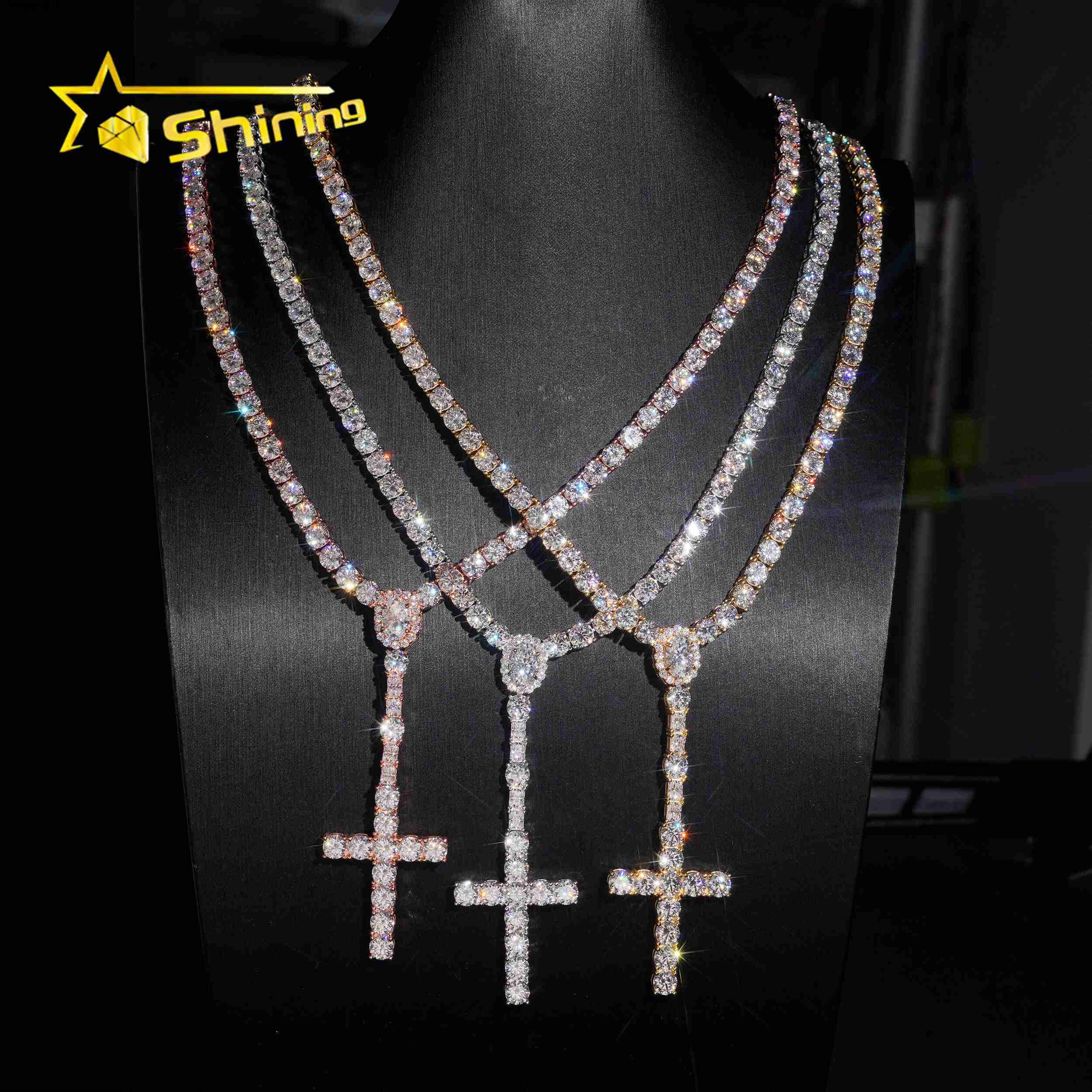 Hot Sale 5mm Moissanite Tennis Chain Necklace 925 Sterling Silver Gold Plated Pass Diamond Test Moissanite Cross Charm Necklace