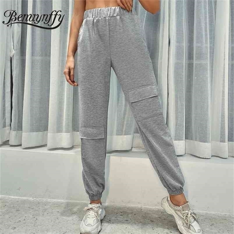 Autumn Winter High Waist Cargo Pants Multiple Pockets Sweatpants Women Sports Casual Solid Elastic 210510