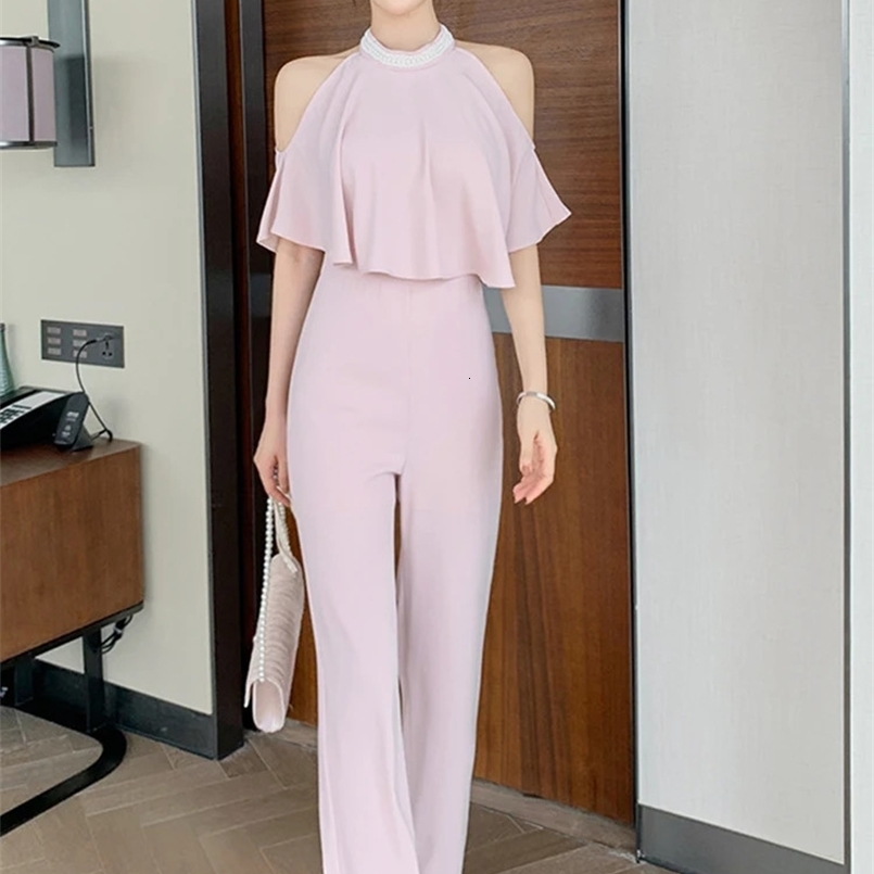Summer Sweet Elegant Womens jumpsuit Pink pearl suspender Shoulder Ruffles Wide Legs Long Womens jumpsuit Vacation Party Office 241118