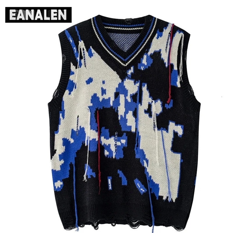 Harajuku retro black blue tassel jumper knitted sweater vest oversized Korean sleeveless sweater grandpa ugly sweater women Y2K 240704
