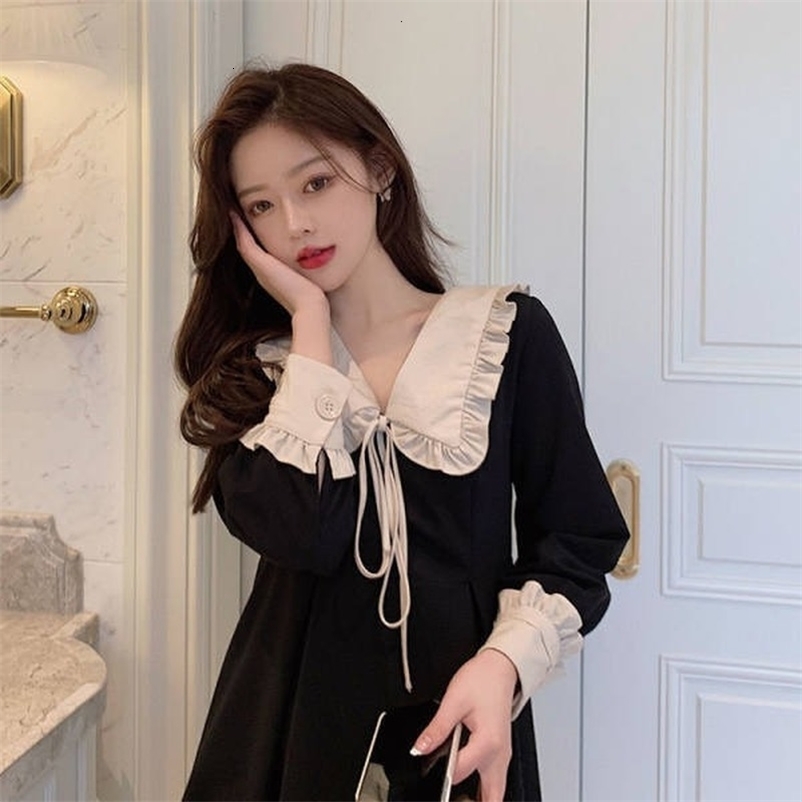 Casual Dresses Black Sailor Collar Button Lace Stitching Casual Dress Women Shirt Long Sleeve Midi Dress Ladies High Waist Slim Elegant Dress 230316