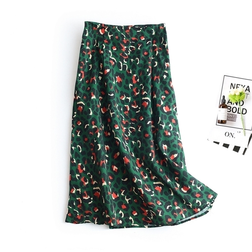 Colorful Leopard Print Long Skirt Women Ladies Green High Waist Split Aline Maxi Skirt Female 220701