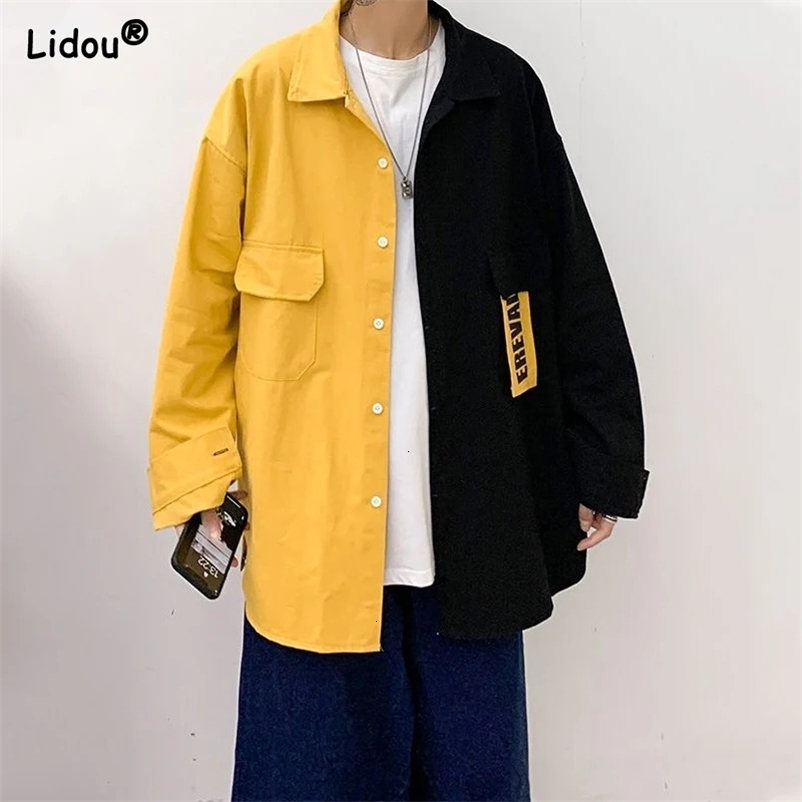 Spring and Autumn Leisure Simple Flip Collar Letter Print Panel Contrast Loose Oversized Long Sleeved Mens Shirt Coat 240704