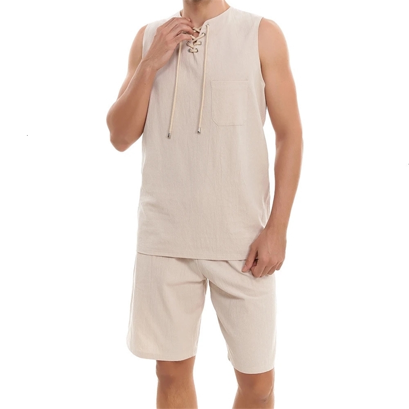 Summer Cotton Linen Shirt Set Mens Casual Outdoor 2-Piece Suit Andhome Clothes Pajamas Comfy Breathable Beach Short Sleeve Sets 240530