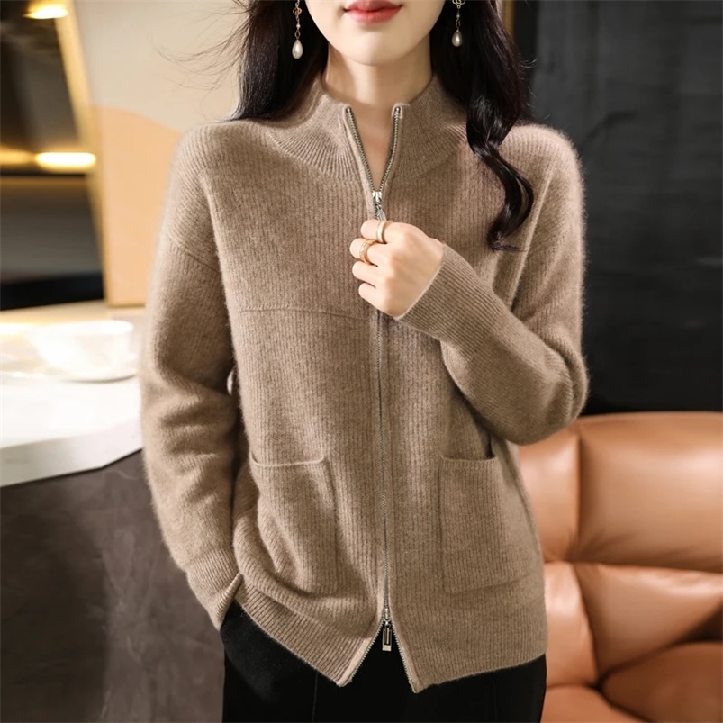 Womens 100% Merino wool sweater half high neck cardigan autumn/winter thick top cashmere double zipper knitted jacket 241128