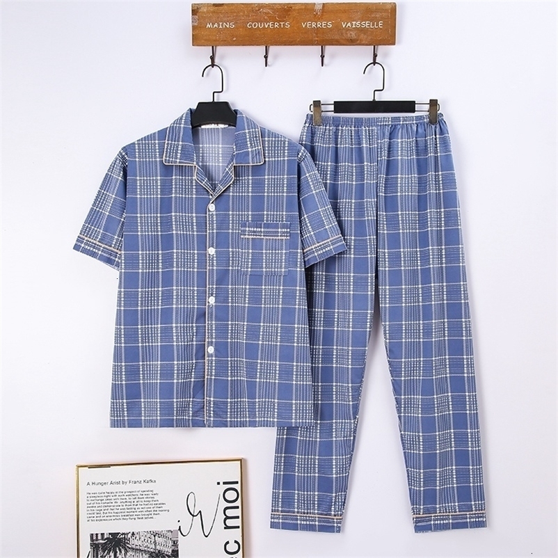 Men's Sleepwear Summer Plus Size Short Sleeve Long Pants Cotton Pajama Sets for Men Korean Casual Plaid Sleepwear Male Homewear Clothes 230320