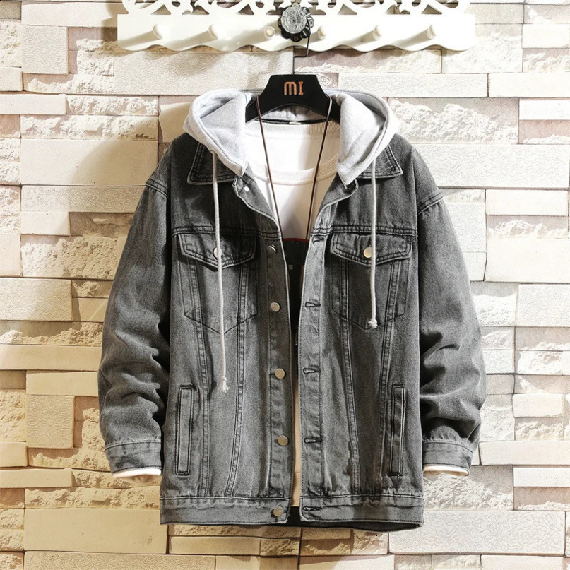 mens denim jacket cotton loose hooded solid casual couple street clothing Plus size 5XL 240904