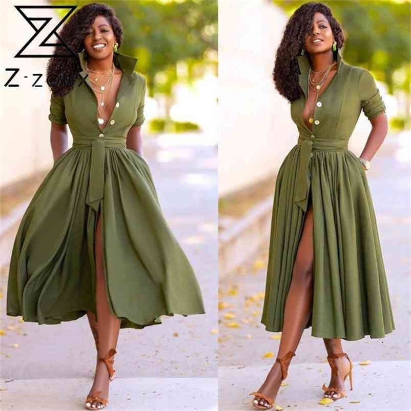 Women Dress Temperament Single Breasted Shirt es Bandage High Waist Large Hem Long Fashion Ladies es 210513