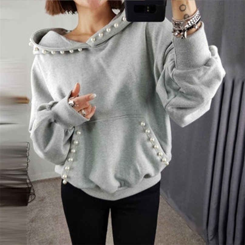 Women Solid Hoodie Autumn Spring Office Ladies Elegant Plain Beading Pullover Hooded Coat Korean Causal Tops Outwear Gray 200924