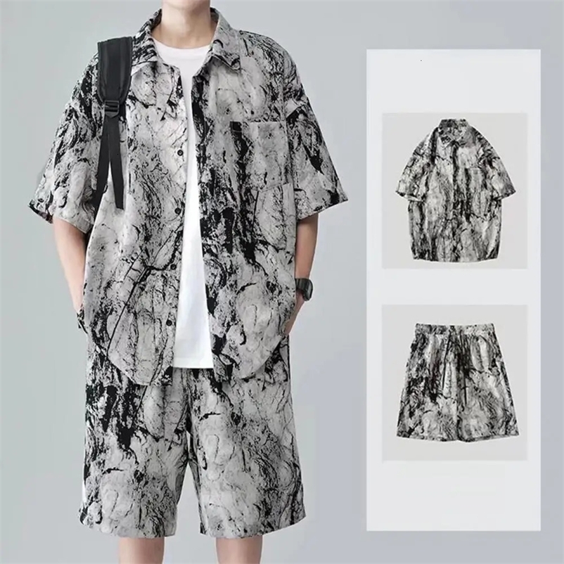 2Pcs/Set Men Summer Casual Outfit Lapel Short Sleeve Single Breasted Shirt Elastic Drawstring Waist Wide Leg Shorts Set 240518