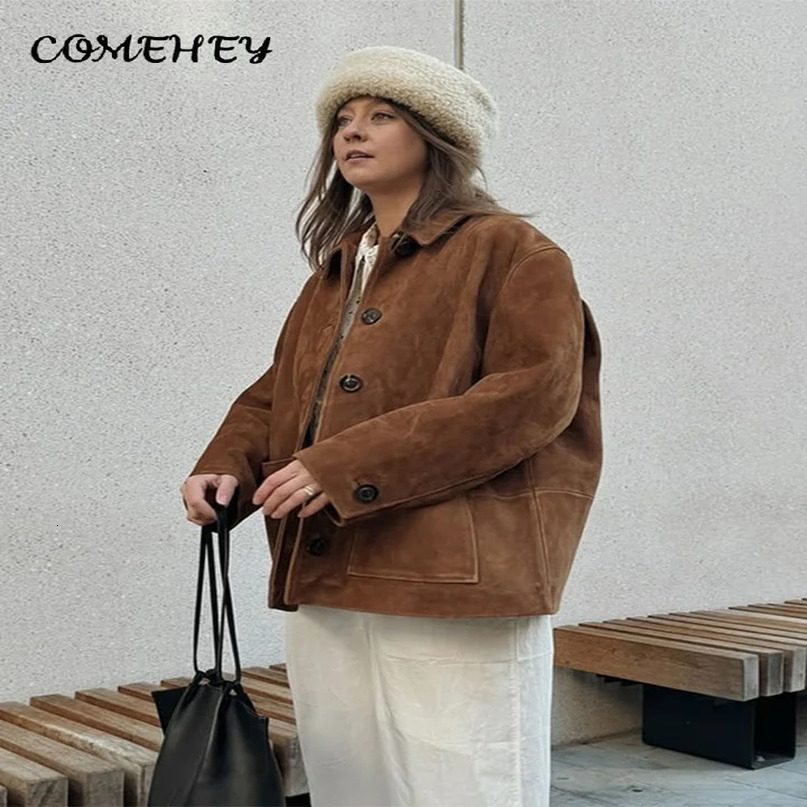 Retro Street Suede Jacket for Women Single breasted Pocket Patch Work Long Sleeve Jacket Autumn/Winter Loose Jacket 240930