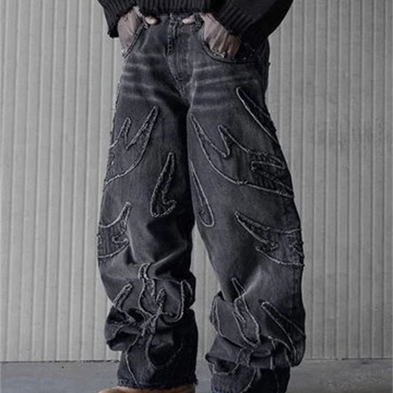 Baggy mens jeans Y2k hip-hop Distressed retro black pants oversized embroidered Harajuku Gothic wide leg Trouser streetwear 241031
