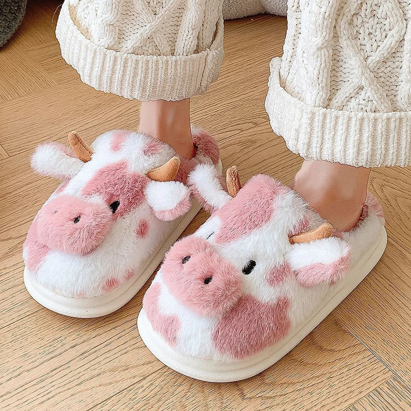 Womens Winter Warm Cartoon Cow Slippers Closed Toe Non Slip Furry House Shoes Women Indoor Bedroom Thick Sole Plush Slippers 250924