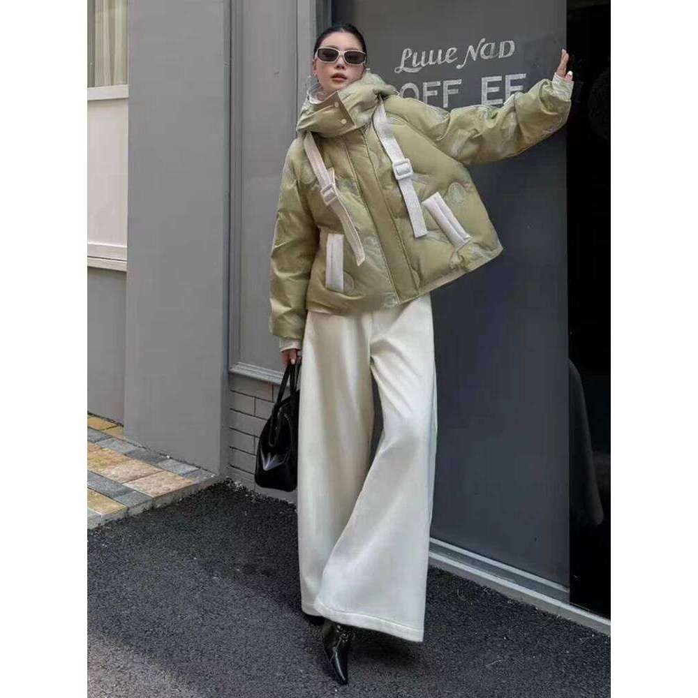 Winter Short Print Patchwork Hooded Parker Jacket Female Zipper Thicken Warm Outwears Women White Duck Down Bread Jackets
