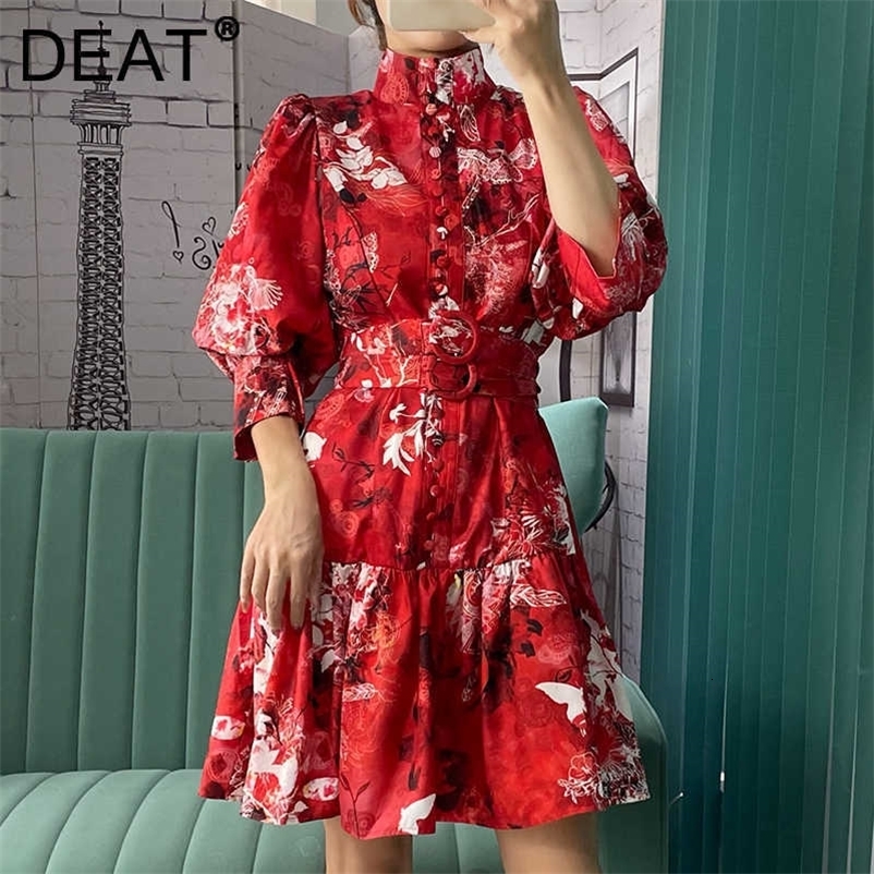 DEAT Women Printing Dress Half High Collar Three Quarter Sleeve Arrivals Lady Temperament Fashion Spring Summer 11D1877 210709
