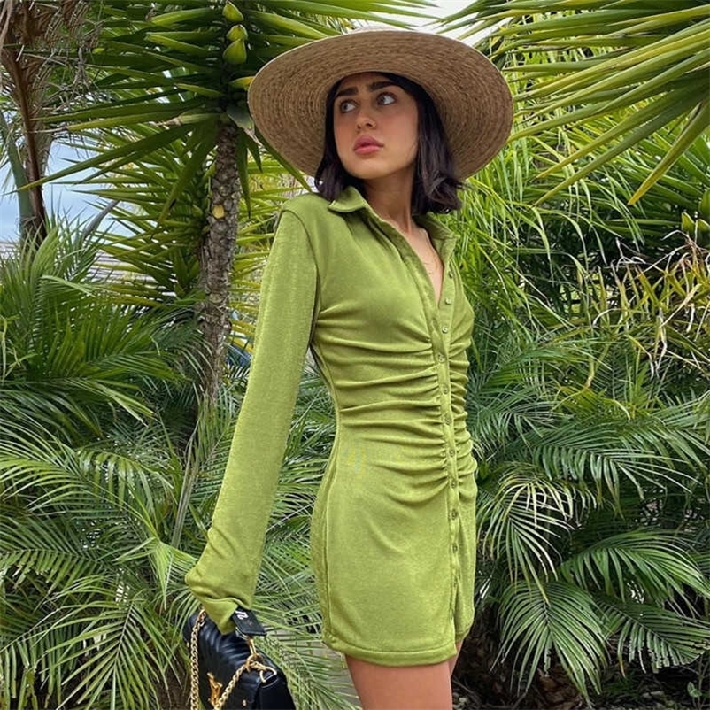 DEAT Spring Arrivals Turn-down Collar Solid Color Sexy Long Sleeve Lapel Single Breasted Cardigan Dress Women SG807 210709