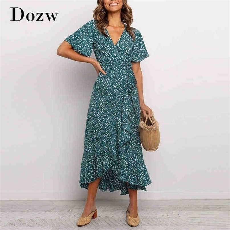 Women V Neck Floral Print Beach Long Dress Flare Short Sleeve Casual Maxi Dress Summer Bandage Wrap Dress Femme Robe 210414
