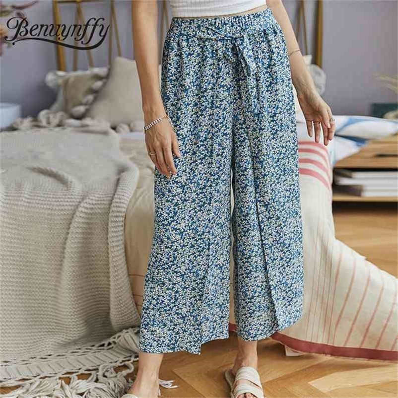 Bow Tie Floral Print Wide Leg Pants Women Summer Trousers Boho Holiday Casual High Elastic Waist Ladies Belt 210510