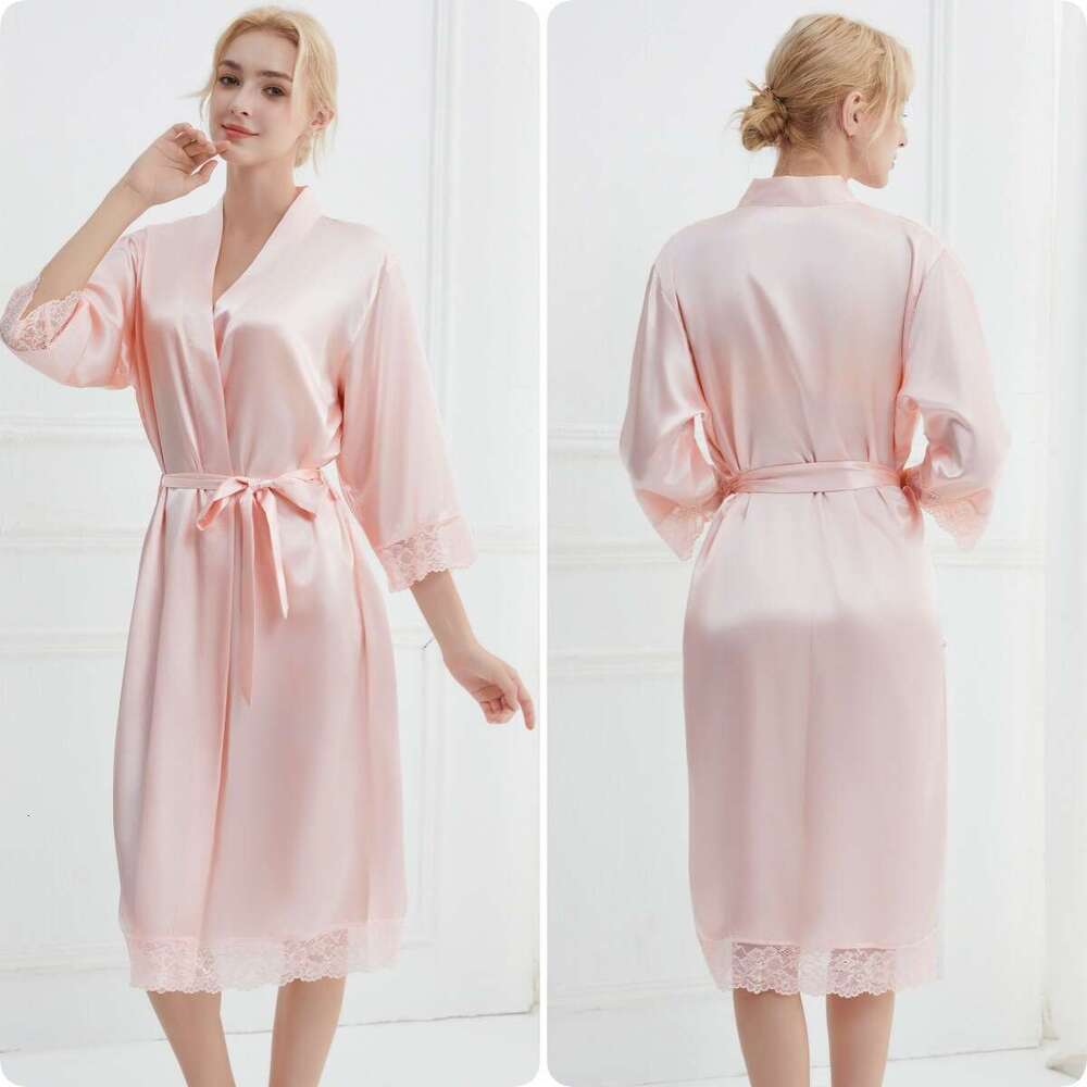 Lace trimmed high-end satin robe, solid color patchwork lace long sleepwear outer robe, luxurious and noble home wear, a must-have for elegant home we