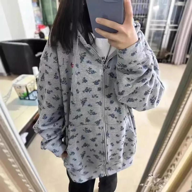 American Floral Print Hoodie Womens Thickened Lazy Style Oversize Cardigan Coat Trendy Spring Autumn Winter Loose Fit Sweatshir 250403