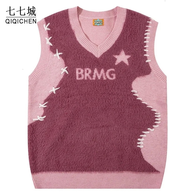 Autumn Winter Sweater Vest Men Plush Patchwork Loose Sleeveless V-neck Sweaters Vest Harajuku Oversize Couple Knitwear Pullover 240704