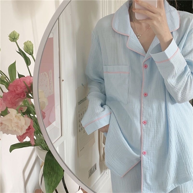 Women's Sleepwear 100%cotton Sweet Candy Color Gauze Cotton Solid Color Pajamas Set Long sleevePants Women Cute Homewear Casual Wear 230309