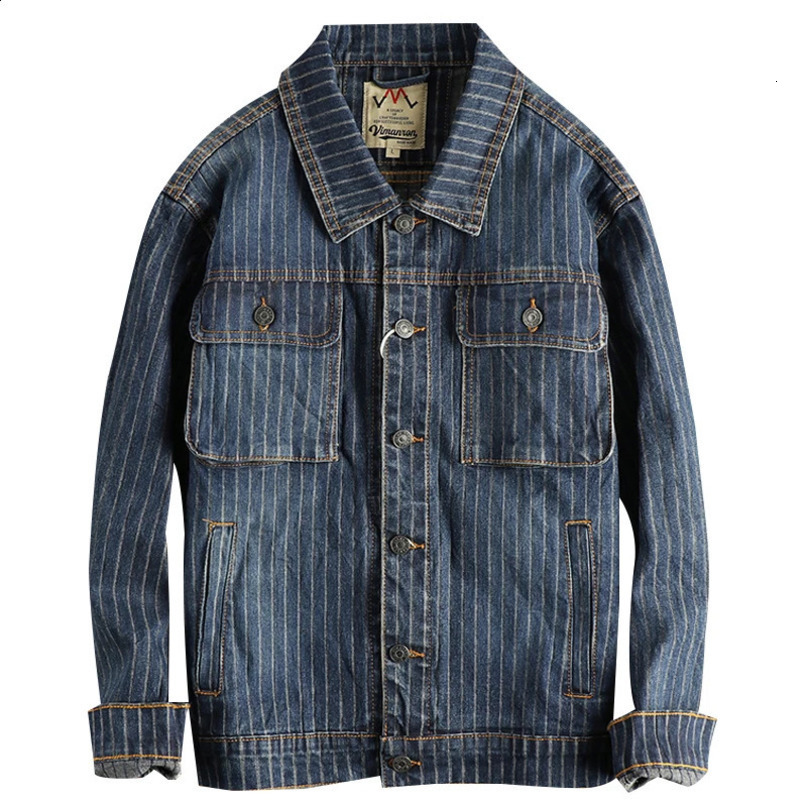 Khaki retro washed striped denim jacket suitable for mens comfortable and loose casual American 240904