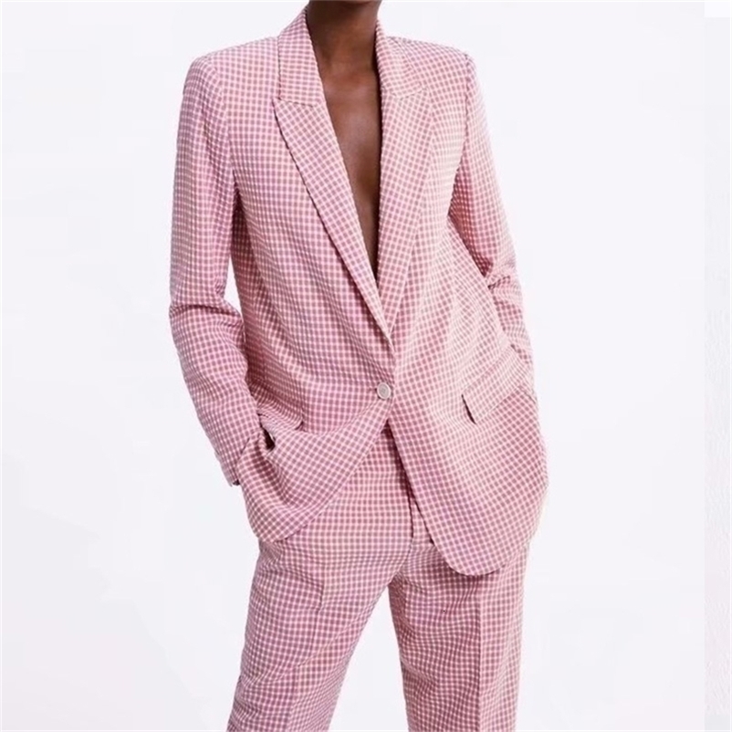 2pcs Spring Autumn Women Blazers suits Fashion Pink Plaid ladies Office TopPant Elegant Girls Suit Causal Outfits Suit 210331