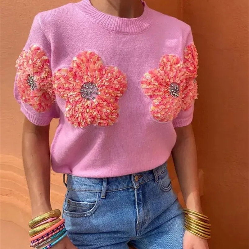 Fashion 3D Flower Print Women Knit Pullover Elegant Slim O-neck Short Sleeve Sweater Spring Summer Female Panelled Knitwear 240812