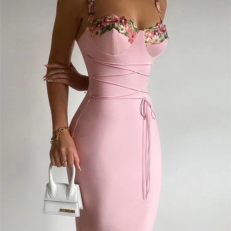 Autumn Winter Sexy Sleeveless Backless Floral Maxi Long Dresses Outfits for Women Lace Up Bandage Bodycon Party Club Dress Gift 240106
