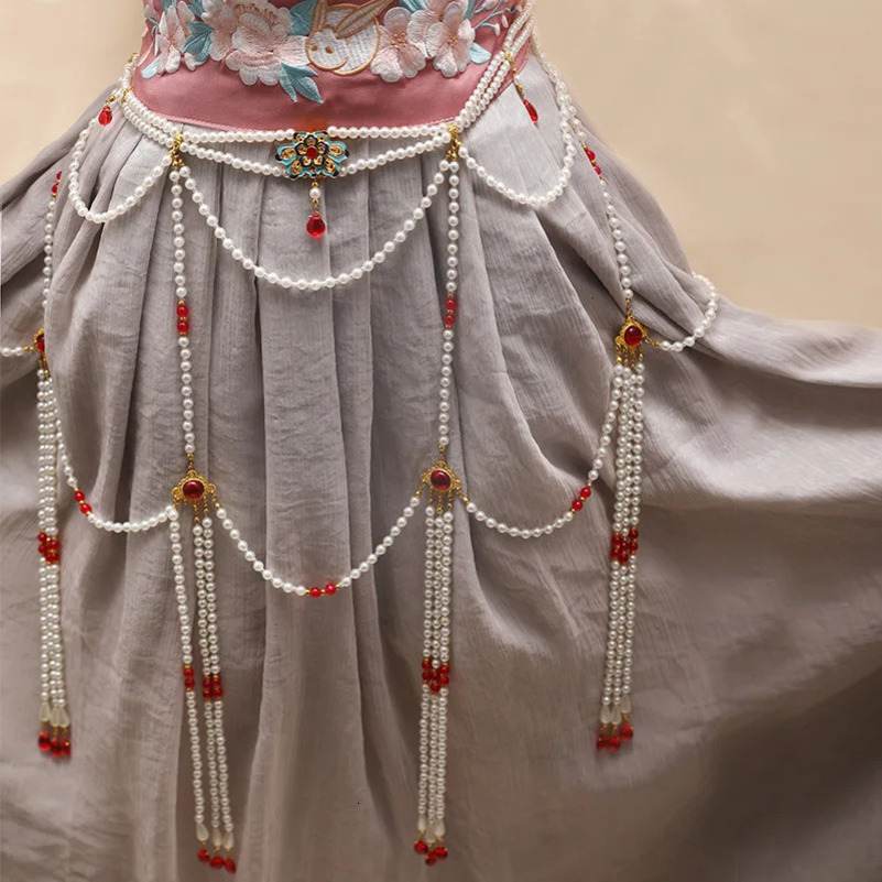 Chinese Ancient Style Long Tassel Pearl Waist Belt Tang Dynasty Hanfu Waist Chain Costumes Dunhuang Accessories Costume Props 240701