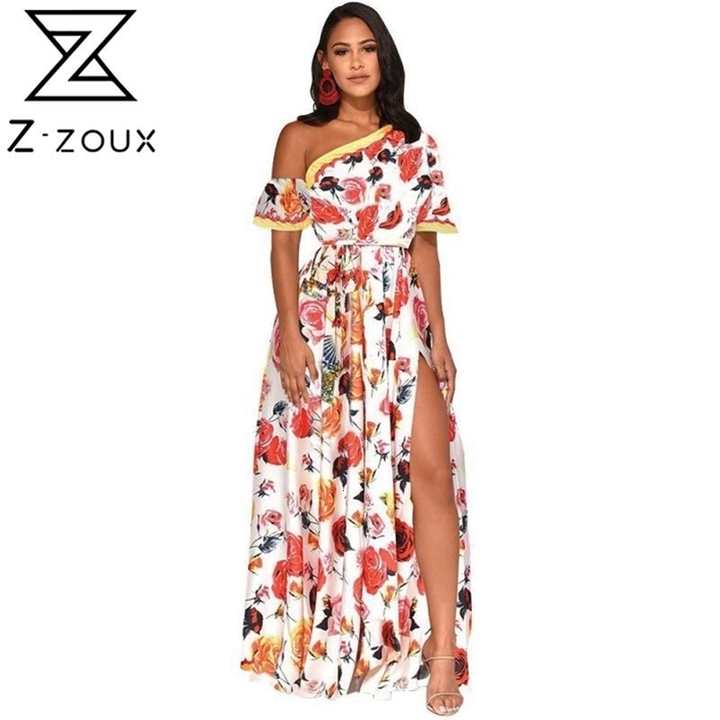 Women Dress Printed Bohemia es Sexy Long Print Floral Maxi Oblique Shoulder Split Plus Size Summer es 210513