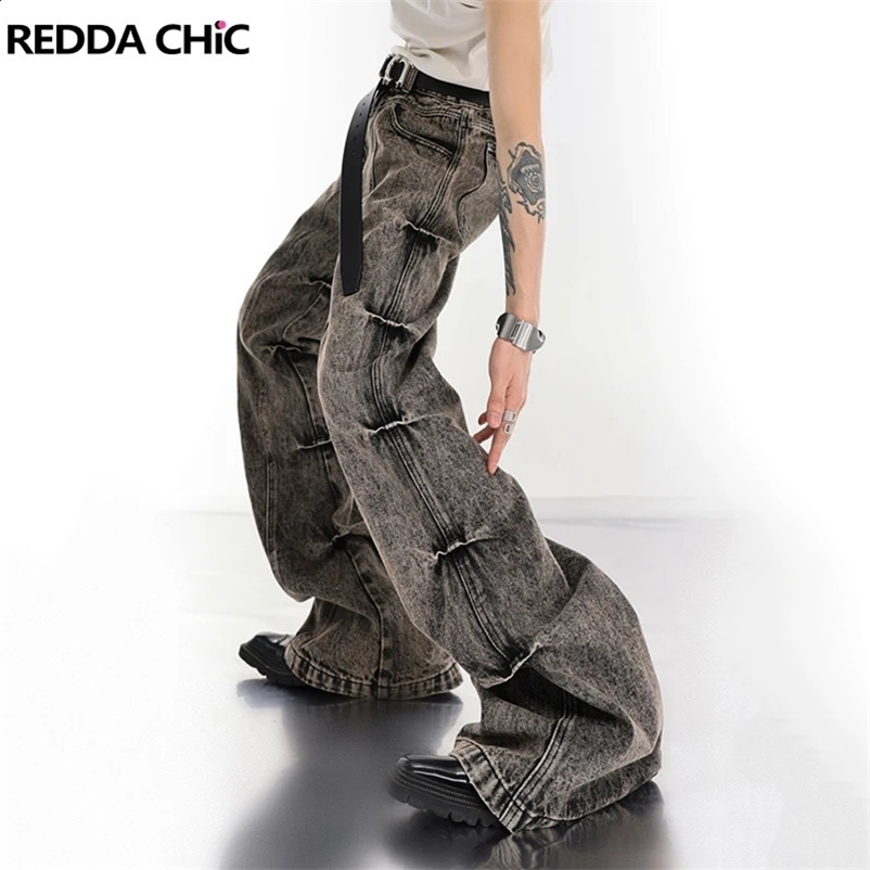 REDDACHIC Retro Gray Stacked Flare Jeans for Men Y2k Distressed Bootcut Pants Wide Leg Low Waist Bell Bottoms Emo Streetwear 240912