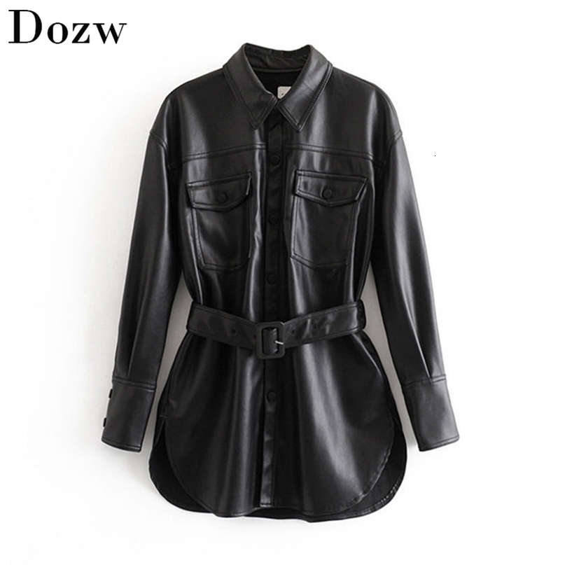 Pu Leather Coat Women Winter Single Breasted Long Sleeve Solid Female Coat With Belt Vintage Pockets Buttons Outwear Ladies Tops 210414