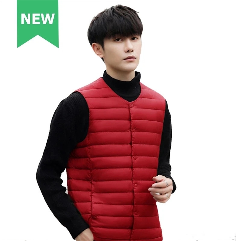Man Sleeveless V Neck Vest Winter Warm 90% Duck Down Padded Jacket Male Vests Waistcoat Warm O Neck Liner 240912