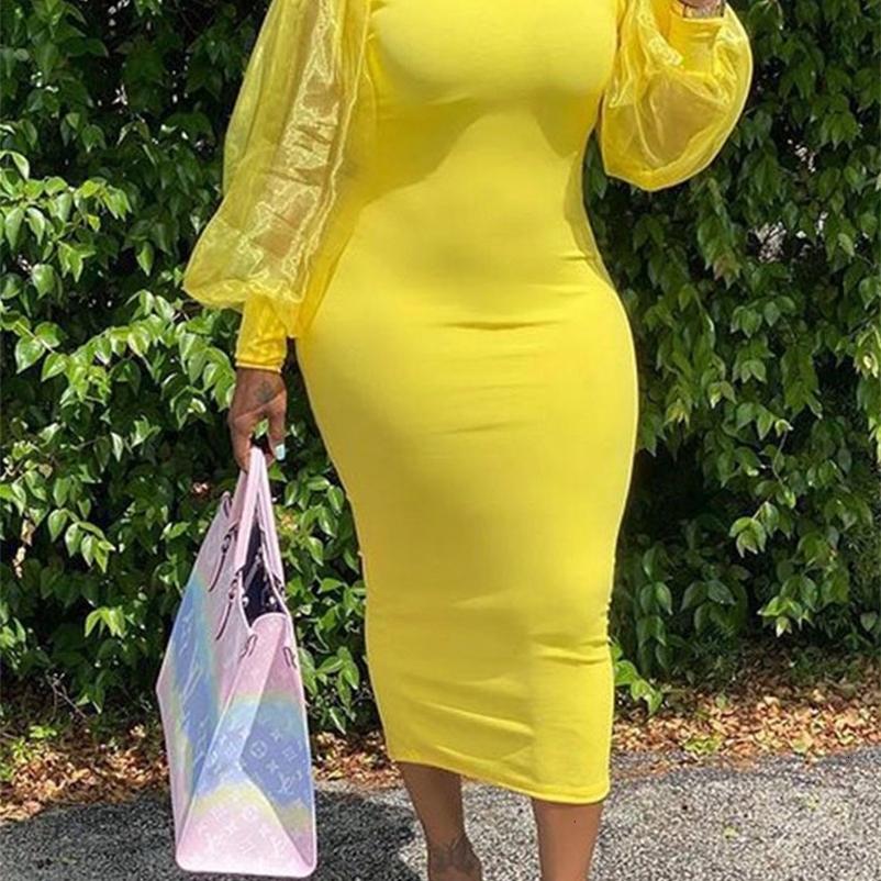 Party Dresses Elegant Women Yellow Bodycon Dress Long See Through Sleeve Tulle Stitching High Neck Slim Fit Large Size Clothes 221128