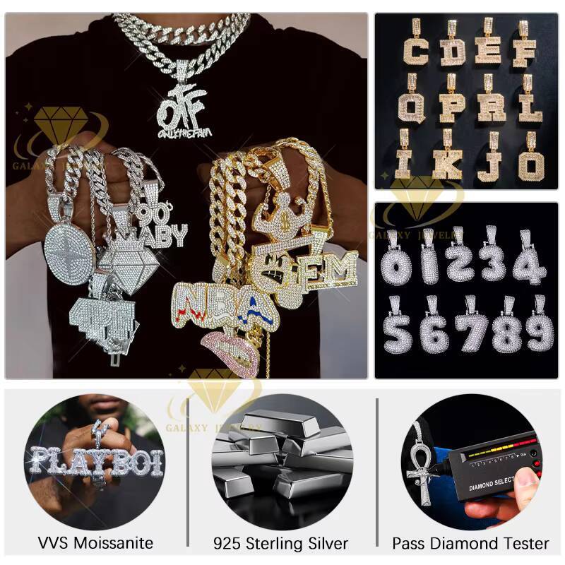 Hip Hop Rappers Mossanite Jewelry D Color Baguette Diamond 925 Sterling Silver Name Initial Pendant Necklace Letter M Pendant